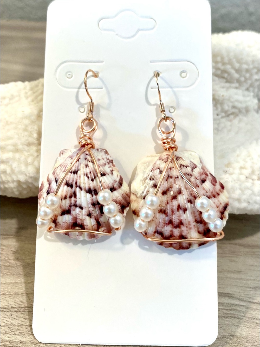 36. Handmade Sanibel scallop shell Drop Earrings with Pearl Accents